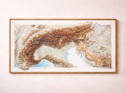 Alps 1965 topographic restored antique shaded relief map print on fine art paper framed. Second Chance 25% off.