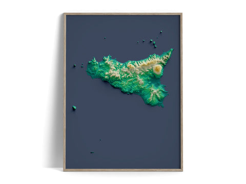 Sicily (Italy), Elevation tint - Viridis, 2D printed shaded relief map with 3D effect of Sicily (Italy) with viridis hypsometric tint. Shop our beautiful fine art printed maps on supreme Cotton paper. Vintage maps digitally restored and enhanced with a 3D effect., VizCart from Vizart