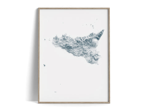 Sicily (Italy), Elevation tint - White, 2D printed shaded relief map with 3D effect of Sicily (Italy) with white hypsometric tint. Shop our beautiful fine art printed maps on supreme Cotton paper. Vintage maps digitally restored and enhanced with a 3D effect., VizCart from Vizart