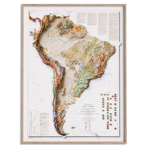 1950 South America shaded relief map print with 3D effect fine art wall decor. VizCart from Vizart.