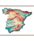 Spain continental, Elevation tint - Spectral, 2D printed shaded relief map with 3D effect of Spain continental with spectral tint. Shop our beautiful fine art printed maps on supreme Cotton paper. Vintage maps digitally restored and enhanced with a 3D effect. VizCart from Vizart