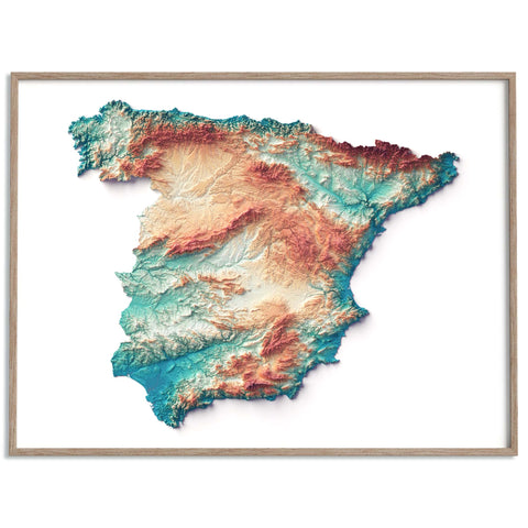 Spain continental, Elevation tint - Spectral, 2D printed shaded relief map with 3D effect of Spain continental with spectral tint. Shop our beautiful fine art printed maps on supreme Cotton paper. Vintage maps digitally restored and enhanced with a 3D effect. VizCart from Vizart