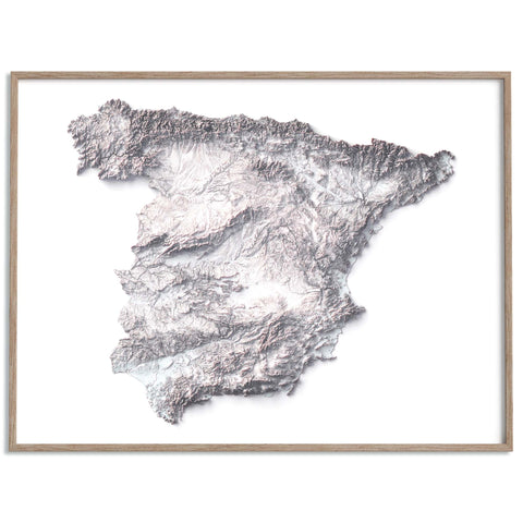 Spain continental, Elevation tint - White, 2D printed shaded relief map with 3D effect of Spain continental with monocrome white tint. Shop our beautiful fine art printed maps on supreme Cotton paper. Vintage maps digitally restored and enhanced with a 3D effect. VizCart from Vizart