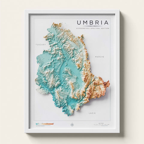Umbria (Italy) spectral shaded relief elevation map printed on fine art paper framed