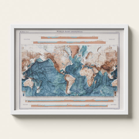 World Bathymetric 1920 topographic restored antique shaded relief map print on fine art paper framed