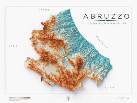 Abruzzo (Italy) spectral shaded relief elevation map printed on fine art paper