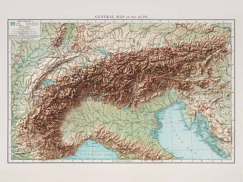 1900 Alps shaded relief map print with 3D effect fine art wall decor. VizCart from Vizart.