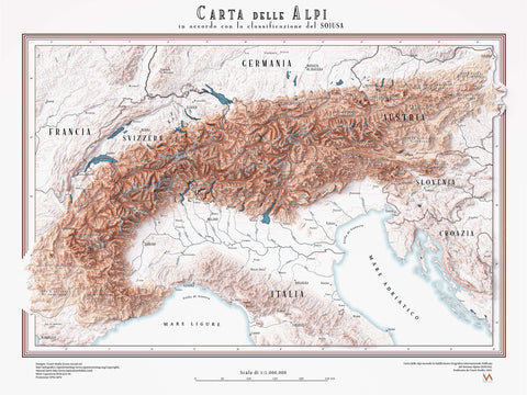 2025 Alps shaded relief map print with 3D effect fine art wall decor. VizCart from Vizart.