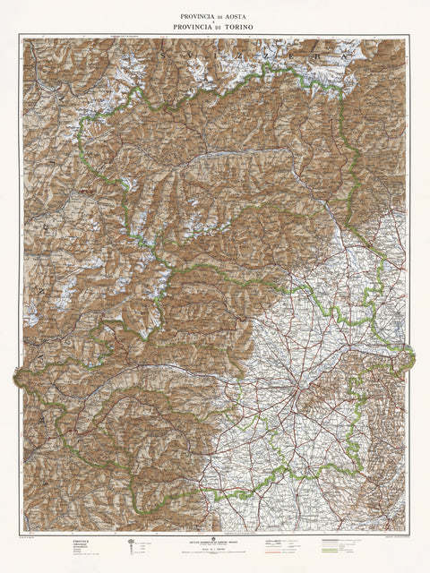 1930 Aosta and Turin (Italy) restored vintage topographic map reprinted on fine art paper. VizCart from VizArt.