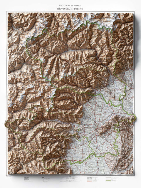 Aosta and Turin (Italy), Topographic map - 1930, 2D printed shaded relief map with 3D effect of a 1930 topographic map of Aosta and Turin (Italy). Shop our beautiful fine art printed maps on supreme Cotton paper. Vintage maps digitally restored and enhanced with a 3D effect. VizCart from Vizart