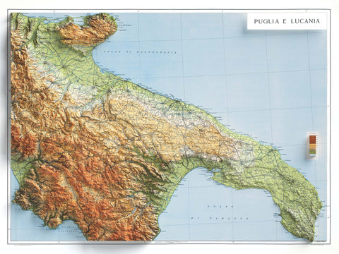 Apulia and Lucania (Italy), Topographic map - 1950, 2D printed shaded relief map with 3D effect of a 1950 topographic map of Apulia and Lucania (Italy). Shop our beautiful fine art printed maps on supreme Cotton paper. Vintage maps digitally restored and enhanced with a 3D effect. VizCart from Vizart