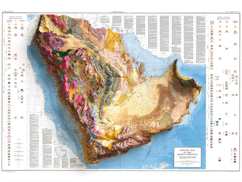 Arabian Peninsula, Geological map - 1963, 2D printed shaded relief map with 3D effect of a 1963 geological map of Saudi Arabia. Shop our beautiful fine art printed maps on supreme Cotton paper. Vintage maps digitally restored and enhanced with a 3D effect., VizCart from Vizart