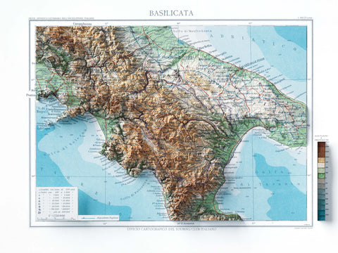 Basilicata (Italy), Topographic map - 1930, 2D printed shaded relief map with 3D effect of a 1930 topographic map of Basilicata (Italy). Shop our beautiful fine art printed maps on supreme Cotton paper. Vintage maps digitally restored and enhanced with a 3D effect. VizCart from Vizart