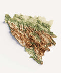 Bosnia and Herzegovina, Elevation tint - Geo, 2D printed shaded relief map with 3D effect of Abruzzo (Italy) with geo hypsometric tint. Shop our beautiful fine art printed maps on supreme Cotton paper. Vintage maps digitally restored and enhanced with a 3D effect. VizCart from Vizart