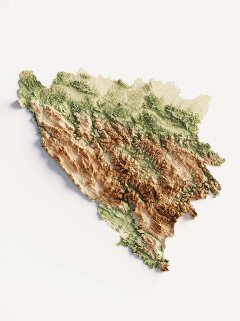 Bosnia and Herzegovina, Elevation tint - Geo, 2D printed shaded relief map with 3D effect of Abruzzo (Italy) with geo hypsometric tint. Shop our beautiful fine art printed maps on supreme Cotton paper. Vintage maps digitally restored and enhanced with a 3D effect. VizCart from Vizart