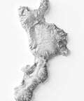 Calabria (Italy), Elevation tint - White, 2D printed shaded relief map with 3D effect of Calabria (Italy) with monochrome white tint. Shop our beautiful fine art printed maps on supreme Cotton paper. Vintage maps digitally restored and enhanced with a 3D effect. VizCart from Vizart