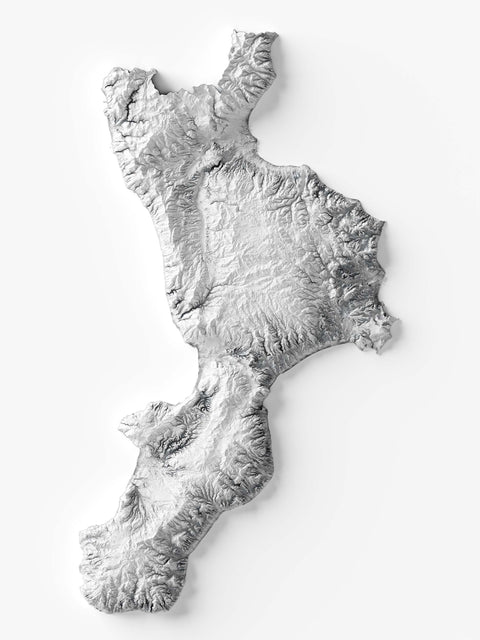 Calabria (Italy), Elevation tint - White, 2D printed shaded relief map with 3D effect of Calabria (Italy) with monochrome white tint. Shop our beautiful fine art printed maps on supreme Cotton paper. Vintage maps digitally restored and enhanced with a 3D effect. VizCart from Vizart