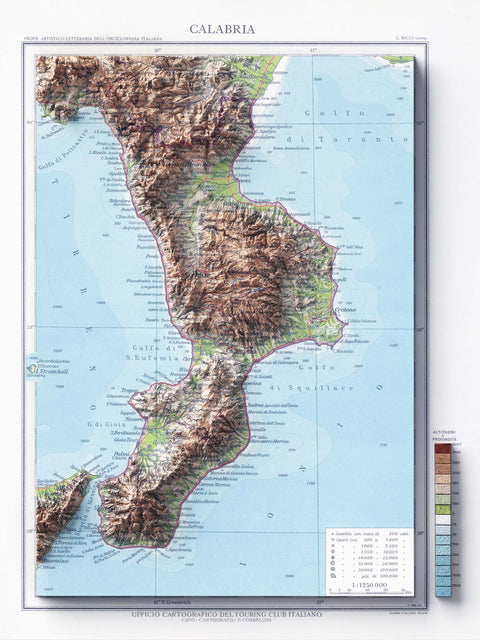 Calabria (Italy), Topographic map - 1930, 2D printed shaded relief map with 3D effect of a 1930 topographic map of Calabria (Italy). Shop our beautiful fine art printed maps on supreme Cotton paper. Vintage maps digitally restored and enhanced with a 3D effect. VizCart from Vizart