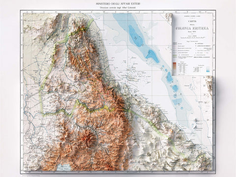 1912 Eritrea shaded relief map print with 3D effect fine art wall decor. VizCart from Vizart.