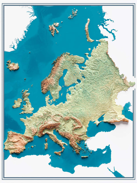 Europe, Elevation tint - satellite, 2D printed shaded relief map with 3D effect of Europe with satellite hypsometric tint. Shop our beautiful fine art printed maps on supreme Cotton paper. Vintage maps digitally restored and enhanced with a 3D effect. VizCart from Vizart