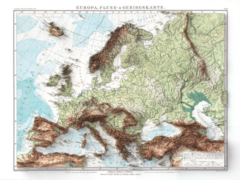 1899 Europe shaded relief topographic map print with 3D effect fine art wall decor. VizCart from Vizart.