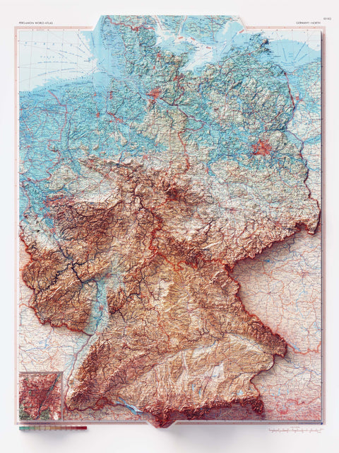 Germany, topographic map - 1968, 2D printed shaded relief map with 3D effect of a 1968 topographic map of Germany. Shop our beautiful fine art printed maps on supreme Cotton paper. Vintage maps digitally restored and enhanced with a 3D effect. VizCart from Vizart