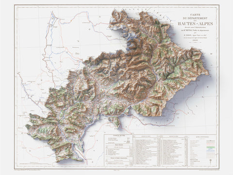 Hautes-Alpes (France) 1909 topographic restored antique shaded relief map print on fine art paper