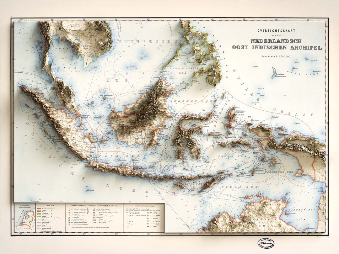 Indonesia, Topographic map - 1901, 2D fine art printed shaded relief