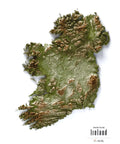 Ireland shaded relief elevation tint map (GEO) print with 3D effect fine art wall decor. VizCart from Vizart.