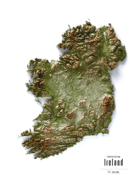 Ireland shaded relief elevation tint map (GEO) print with 3D effect fine art wall decor. VizCart from Vizart.