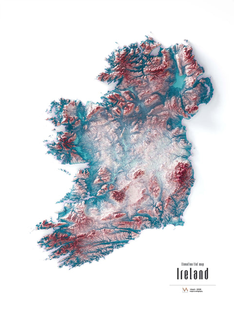 Ireland shaded relief elevation tint map (IRID) print with 3D effect fine art wall decor. VizCart from Vizart.