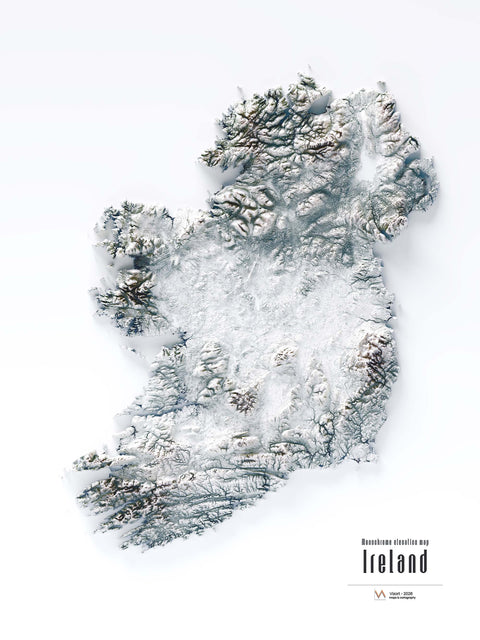 Ireland shaded relief elevation tint map (WHITE) print with 3D effect fine art wall decor. VizCart from Vizart.