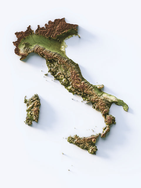 Italy, Elevation tint - Geo, 2D printed shaded relief map with 3D effect of Italy with geo hypsometric tint. Shop our beautiful fine art printed maps on supreme Cotton paper. Vintage maps digitally restored and enhanced with a 3D effect., VizCart from Vizart