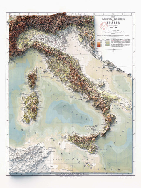 Italy, Topographic map - 1888, 2D printed shaded relief map with 3D effect of a 1888 topographic map of Italy. Shop our beautiful fine art printed maps on supreme Cotton paper. Vintage maps digitally restored and enhanced with a 3D effect. VizCart from Vizart