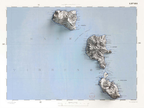 Lipari (Italy), Topographic map - 1873, 2D printed shaded relief map with 3D effect of a 1873 topographic map of Lipari (Italy). Shop our beautiful fine art printed maps on supreme Cotton paper. Vintage maps digitally restored and enhanced with a 3D effect. VizCart from Vizart