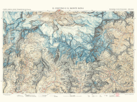 1928 Matterhorn and Mount Rosa (Italy) restored vintage topographic map reprinted on fine art paper. VizCart from VizArt.