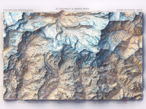 Matterhorn and Mt Rosa (Italy), Topographic map - 1928, 2D printed shaded relief map with 3D effect of a 1928 topographic map of Matterhorn and Mount Rosa. Shop our beautiful fine art printed maps on supreme Cotton paper. Vintage maps digitally restored and enhanced with a 3D effect. VizCart from Vizart