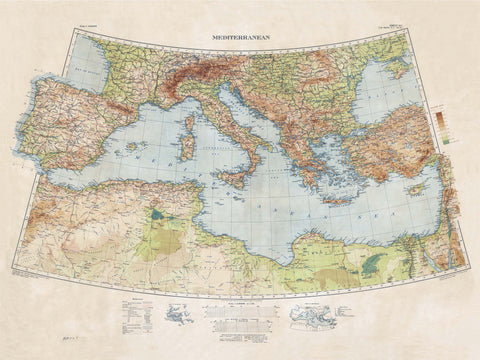 1937 Mediterranean Sea restored vintage topographic map reprinted on fine art paper. VizCart from VizArt.