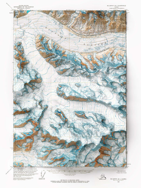 Mt Bear (Alaska, USA), Topographic map - 1966, 2D printed shaded relief map with 3D effect of a 1966 topographic map of Mt Bear (Alaska, USA). Shop our beautiful fine art printed maps on supreme Cotton paper. Vintage maps digitally restored and enhanced with a 3D effect. VizCart from Vizart