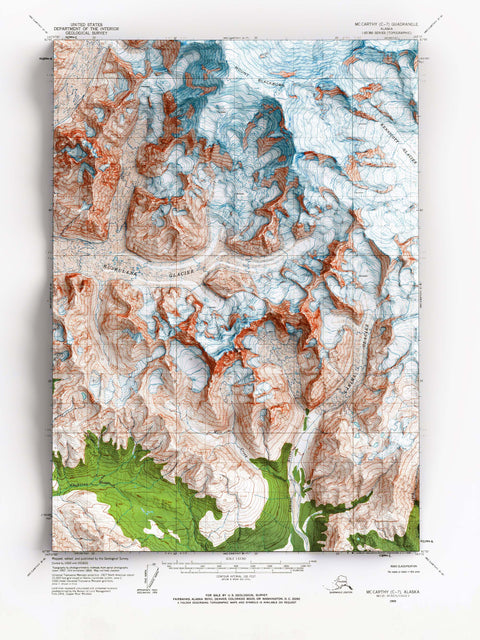 Mt Blackburn (Alaska, USA), Topographic map - 1966, 2D printed shaded relief map with 3D effect of a 1966 topographic map of Mt Blackburn (Alaska, USA). Shop our beautiful fine art printed maps on supreme Cotton paper. Vintage maps digitally restored and enhanced with a 3D effect. VizCart from Vizart