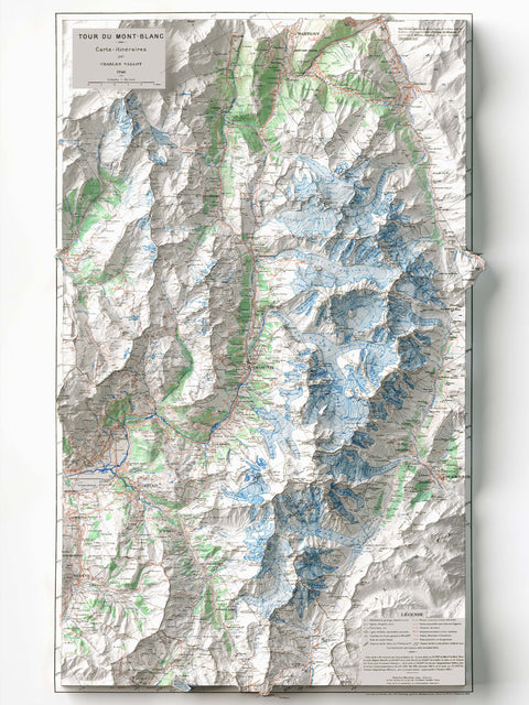 Mt Blanc (France, Italy, Switzerland), Topographic map - 1946, 2D printed shaded relief map with 3D effect of a 1946 topographic map of Mont Blanc. Shop our beautiful fine art printed maps on supreme Cotton paper. Vintage maps digitally restored and enhanced with a 3D effect. VizCart from Vizart