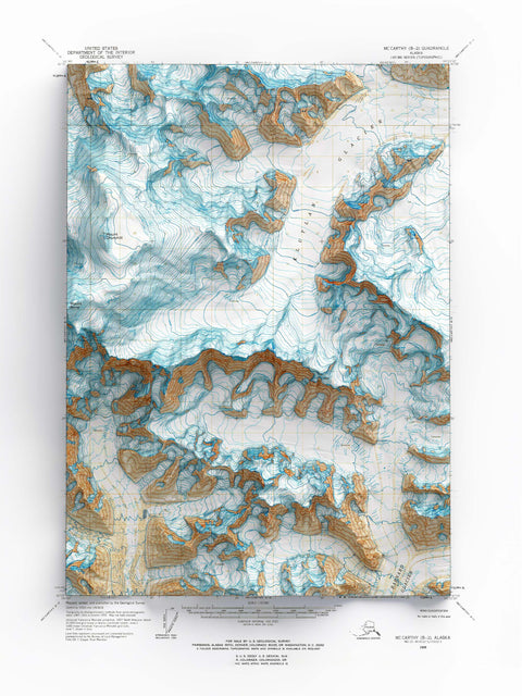 Mt Bona (Alaska, USA), Topographic map - 1966, 2D printed shaded relief map with 3D effect of a 1966 topographic map of Mt Bona (Alaska, USA). Shop our beautiful fine art printed maps on supreme Cotton paper. Vintage maps digitally restored and enhanced with a 3D effect. VizCart from Vizart