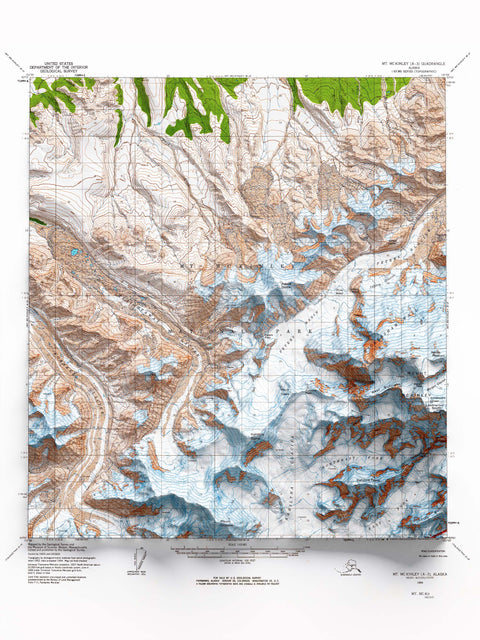 Mt Denali (Alaska, USA), Topographic map - 1964, 2D printed shaded relief map with 3D effect of a 1964 topographic map of Mt Denali (Alaska, USA). Shop our beautiful fine art printed maps on supreme Cotton paper. Vintage maps digitally restored and enhanced with a 3D effect. VizCart from Vizart