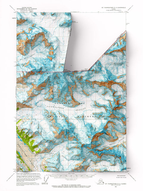 Mt Fairweather (Alaska, USA), Topographic map - 1966, 2D printed shaded relief map with 3D effect of a 1966 topographic map of Mt Fairweather (Alaska, USA). Shop our beautiful fine art printed maps on supreme Cotton paper. Vintage maps digitally restored and enhanced with a 3D effect. VizCart from Vizart