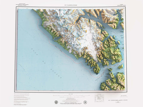 1979 Mount Fairweather (Alaska, USA) shaded relief map print with 3D effect fine art wall decor. VizCart from Vizart
