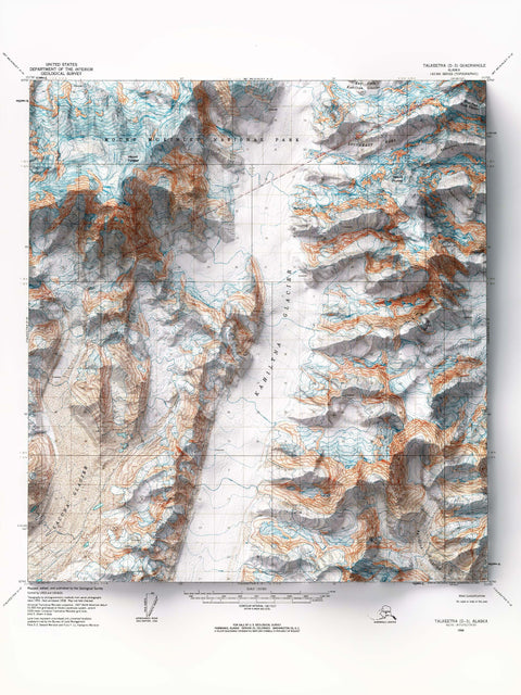 Mt Foraker (Alaska, USA), Topographic map - 1963, 2D printed shaded relief map with 3D effect of a 1963 topographic map of Mt Foraker (Alaska, USA). Shop our beautiful fine art printed maps on supreme Cotton paper. Vintage maps digitally restored and enhanced with a 3D effect. VizCart from Vizart