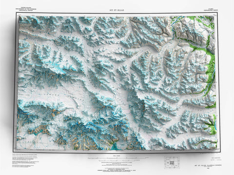 1966 Mount Saint Elias topographic shaded relief map print with 3D effect fine art wall decor. VizCart from Vizart