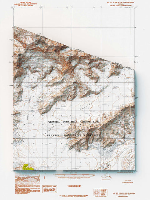 Mt Saint Elias (Alaska, USA), Topographic map - 1985, 2D printed shaded relief map with 3D effect of a 1985 topographic map of Mt Saint Elias (Alaska, USA). Shop our beautiful fine art printed maps on supreme Cotton paper. Vintage maps digitally restored and enhanced with a 3D effect. VizCart from Vizart