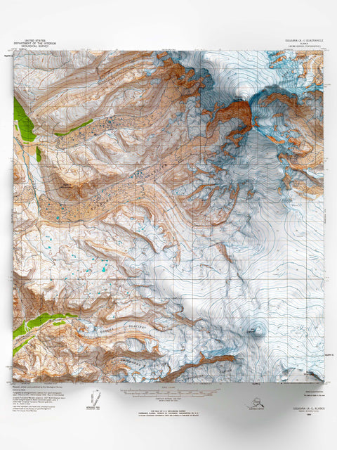 Mt Sanford (Alaska, USA), Topographic map - 1964, 2D printed shaded relief map with 3D effect of a 1964 topographic map of Mt Sanford (Alaska, USA). Shop our beautiful fine art printed maps on supreme Cotton paper. Vintage maps digitally restored and enhanced with a 3D effect. VizCart from Vizart