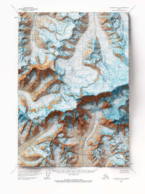 Mt University Peak (Alaska, USA), Topographic map - 1966, 2D printed shaded relief map with 3D effect of a 1966 topographic map of Mt University Peak (Alaska, USA). Shop our beautiful fine art printed maps on supreme Cotton paper. Vintage maps digitally restored and enhanced with a 3D effect. VizCart from Vizart